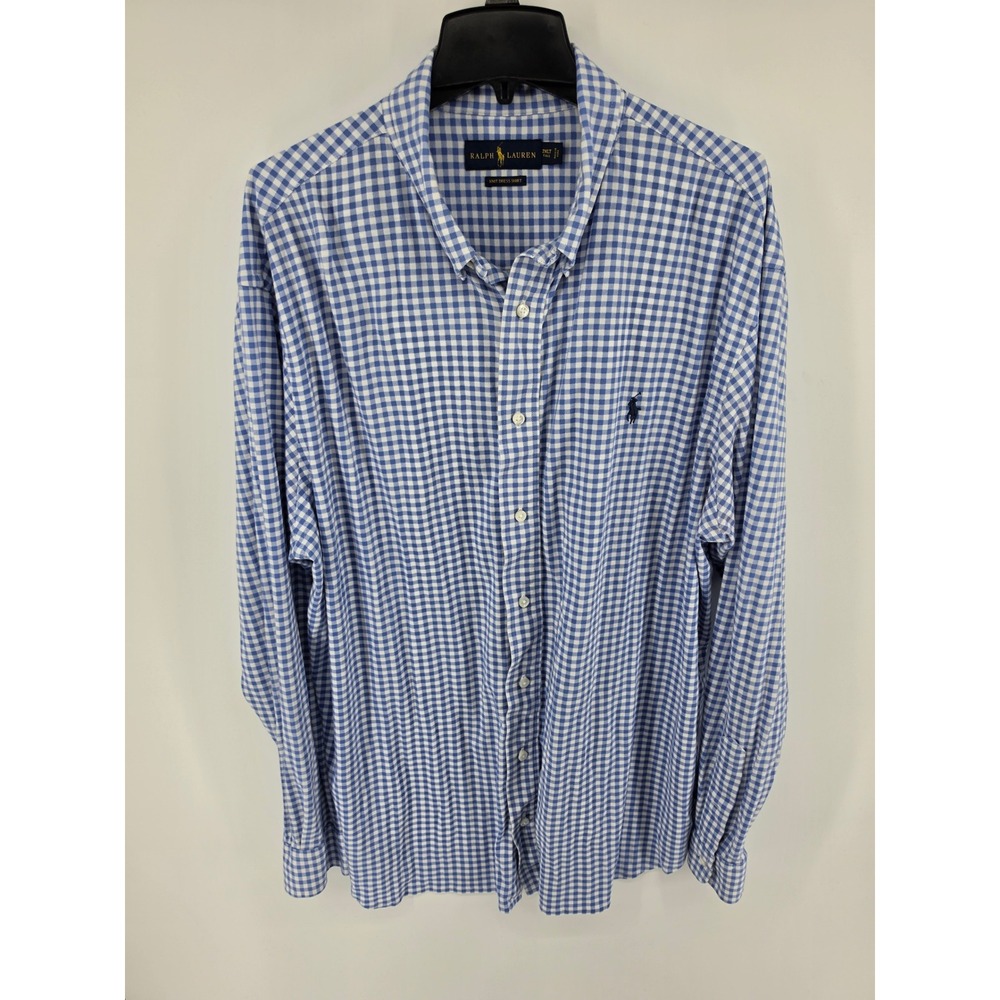 Ralph Lauren Mens 2XLT Tall Blue Gingham Knit Dress Shirt Long Sleeve Cotton